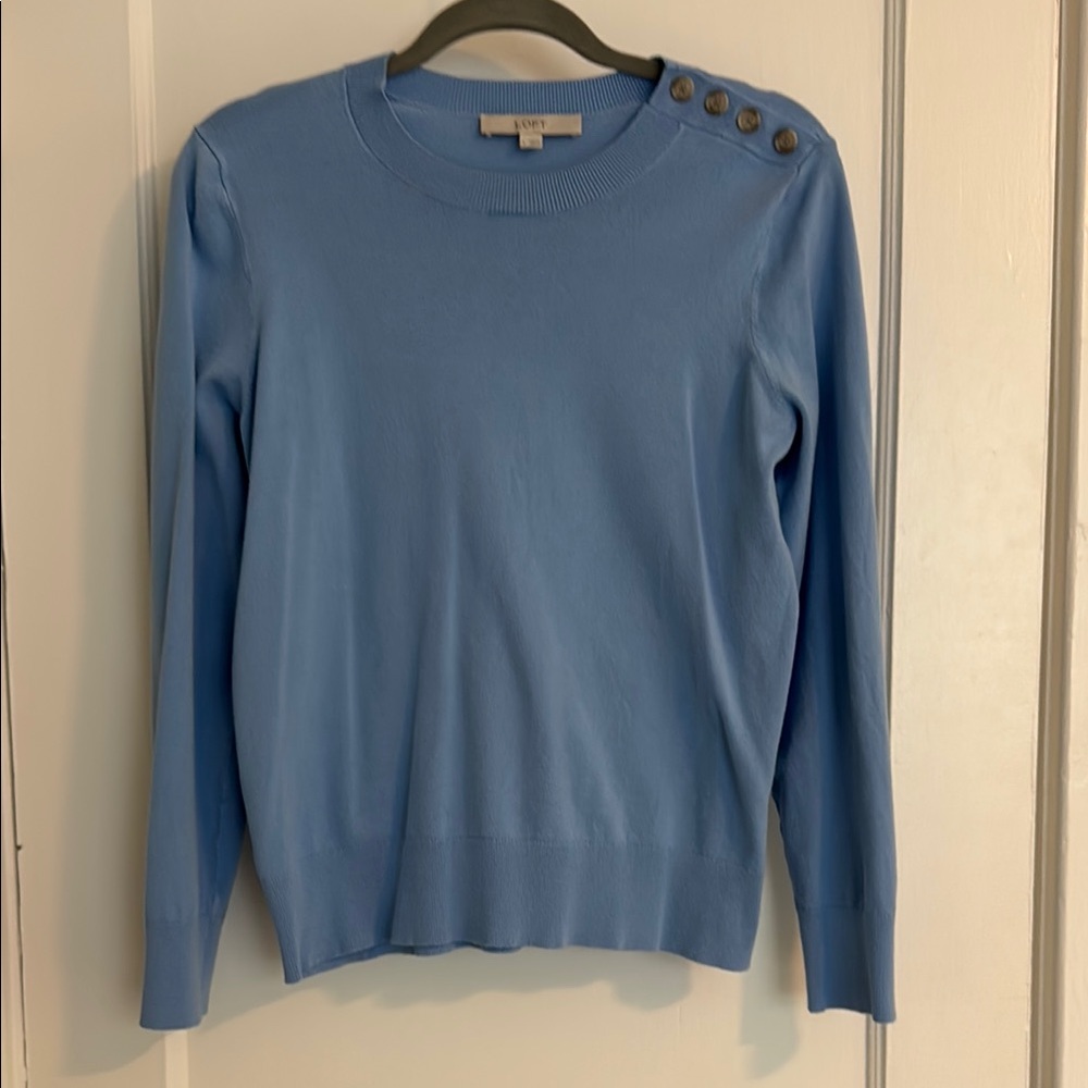 LOFT Light Blue Knit Sweater with Shoulder Button Detail